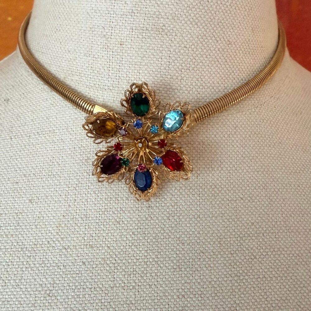Vintage Multicolor Rhinestone Floral Necklace Gold Tone Filigree Snake Chain